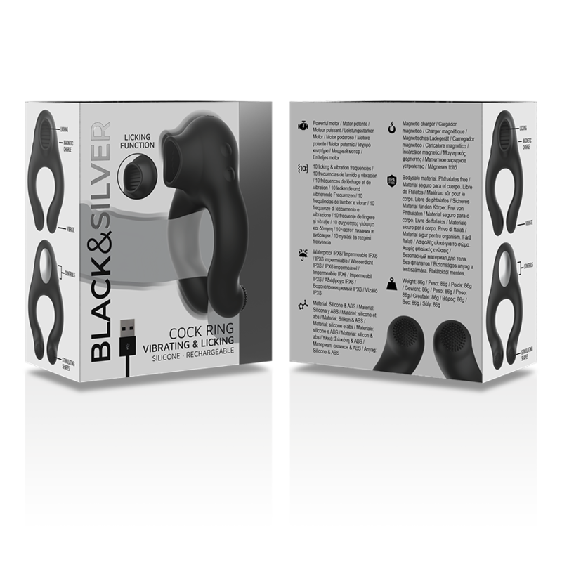 BLACK&SILVER - ANNEAU VIBRATEUR EN SILICONE 3 MOTEURS RECHARGEABLE NOIR