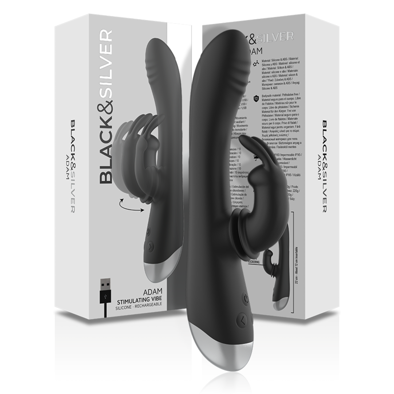 NOIR ET ARGENT - DJ. STIMULATEUR DE LAPIN RECHARGEABLE EN SILICONE ADAM NOIR