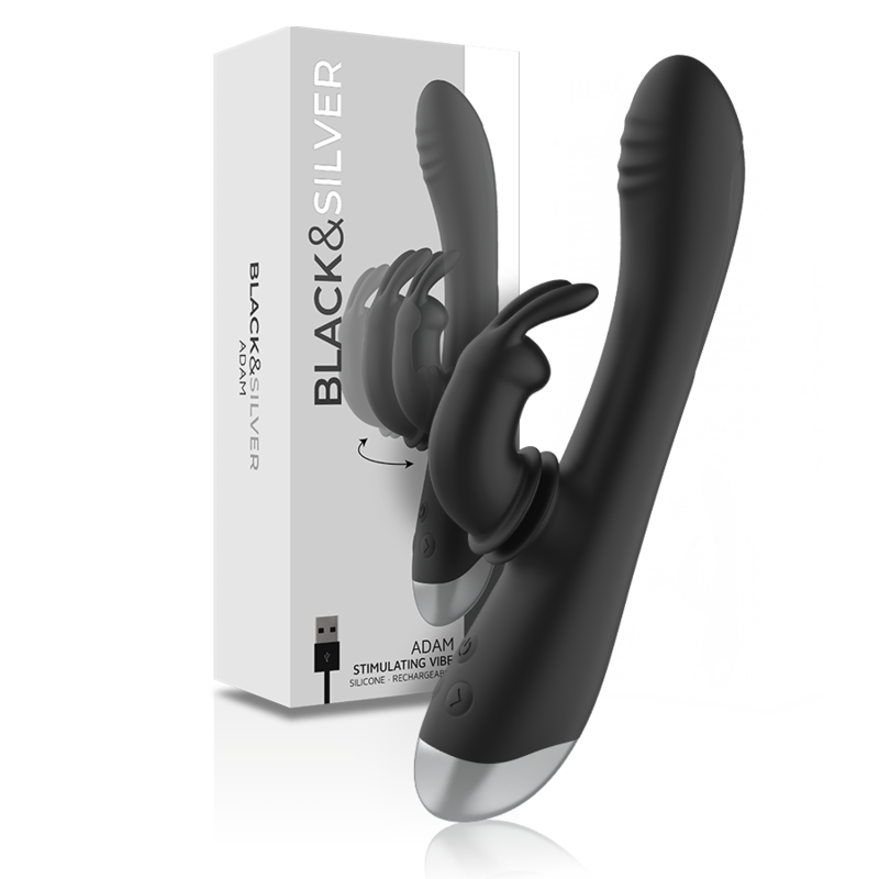 NOIR ET ARGENT - DJ. STIMULATEUR DE LAPIN RECHARGEABLE EN SILICONE ADAM NOIR