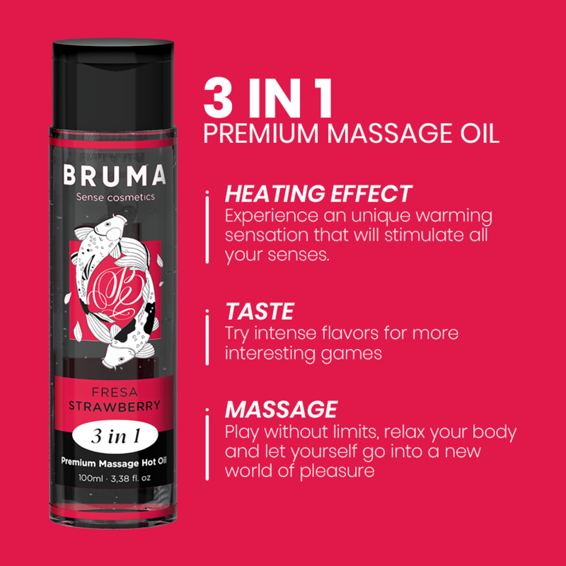 BRUMA - HUILE DE MASSAGE PREMIUM EFFET CHALEUR SAVEUR FRAISE 3 EN 1 - 100 ML