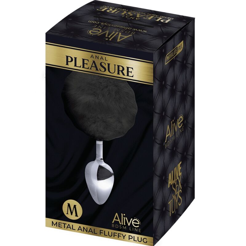 ALIVE - PLUG DE PLAISIR ANAL LISSE MÉTAL FLUFFY NOIR TAILLE M