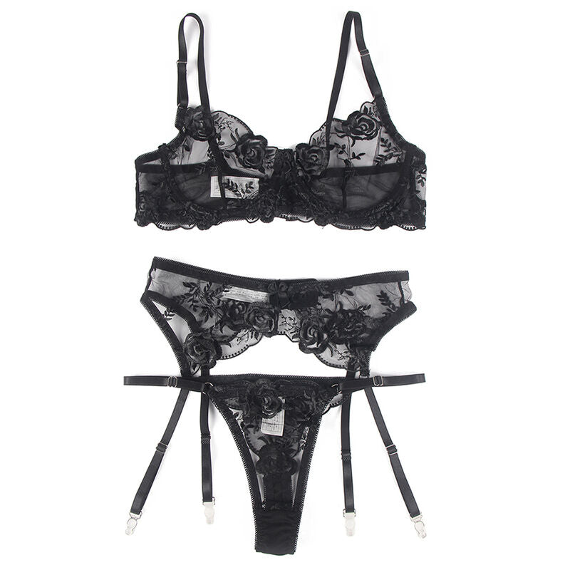 SUBBLIME - ENSEMBLE 3 PIÈCES SOUTIEN-GORGE + STRING + JARRETIÈRE IMPRIMÉ FLORAL NOIR S/M