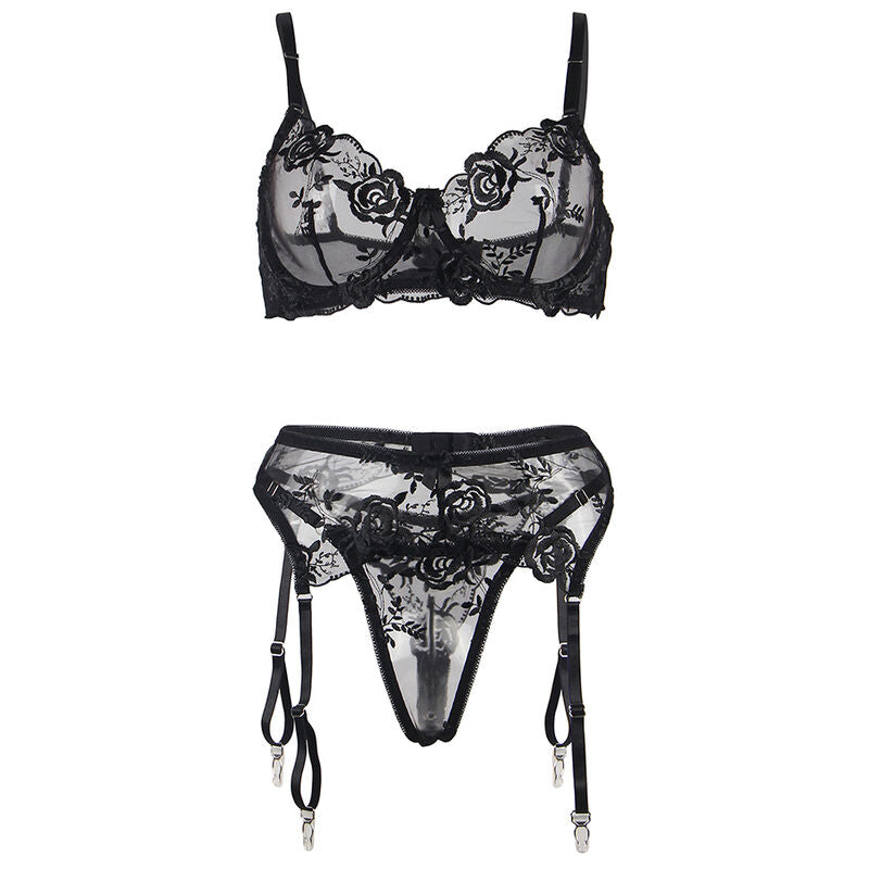 SUBBLIME - ENSEMBLE 3 PIÈCES SOUTIEN-GORGE + STRING + JARRETIÈRE IMPRIMÉ FLORAL NOIR S/M