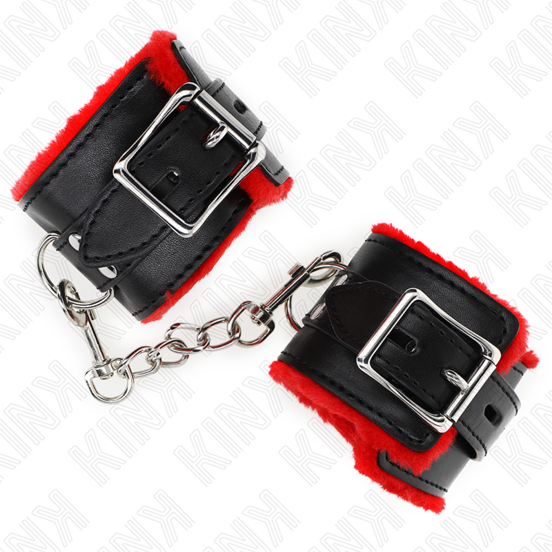 KINK - APPUI-POIGNETS DOUBLÉS DE FOURRURE AVEC TROUS CARRÉS CEINTURE ROUGE ET NOIRE RÉGLABLE 17-29 CM X 6 CM