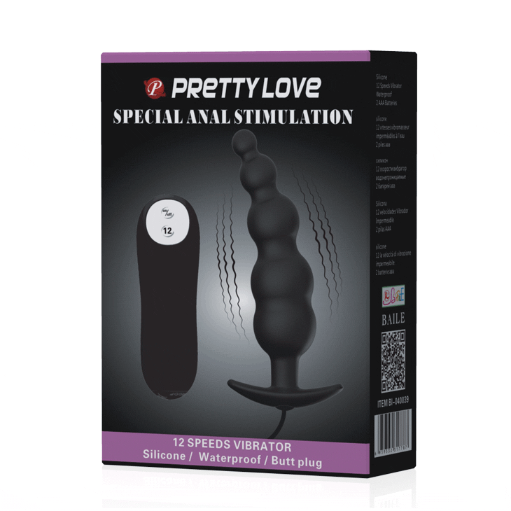 PRETTY LOVE - PLUG ANAL SILICONE EXTRA STIMULATION ET 12 MODES DE VIBRATION NOIR